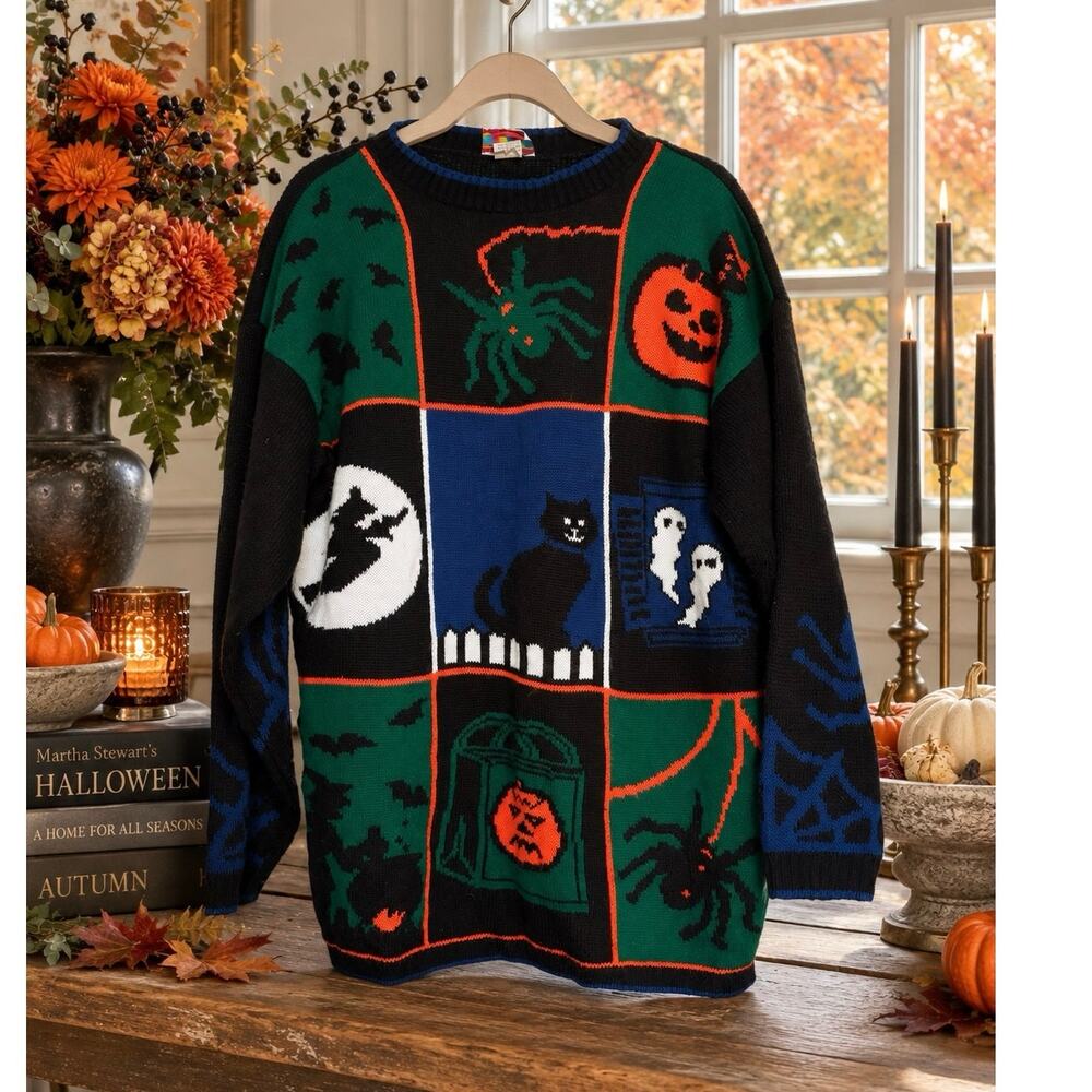VTG Hot Cashews Halloween Sweater, Size Medium USA Witchy Spooky Cat, Ghost